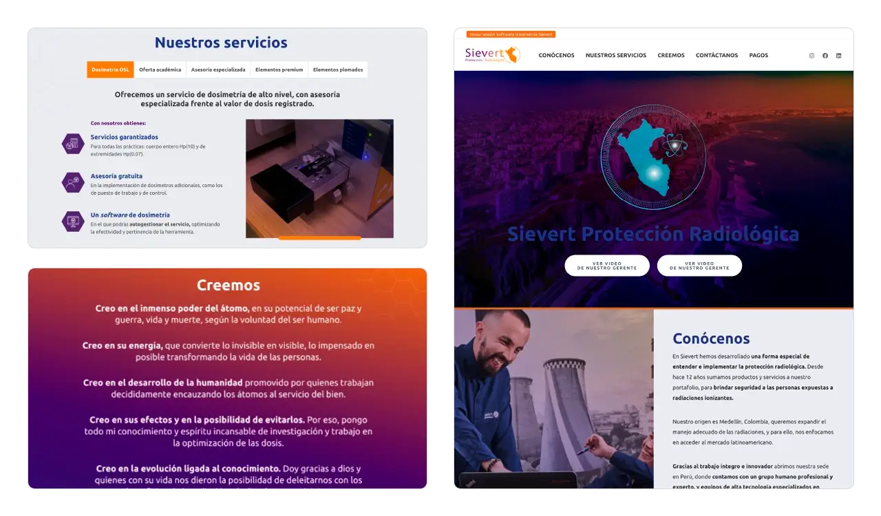 Sievert Perú: detalles de la One Page (tabs de servicios, Credo de la Protección Radiológica y hero banner con videos).