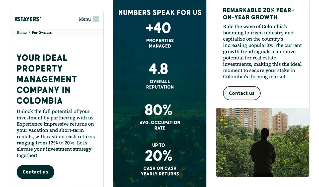 The Stayers: adaptación móvil de la página For Owners (diseño limpio y minimalista).