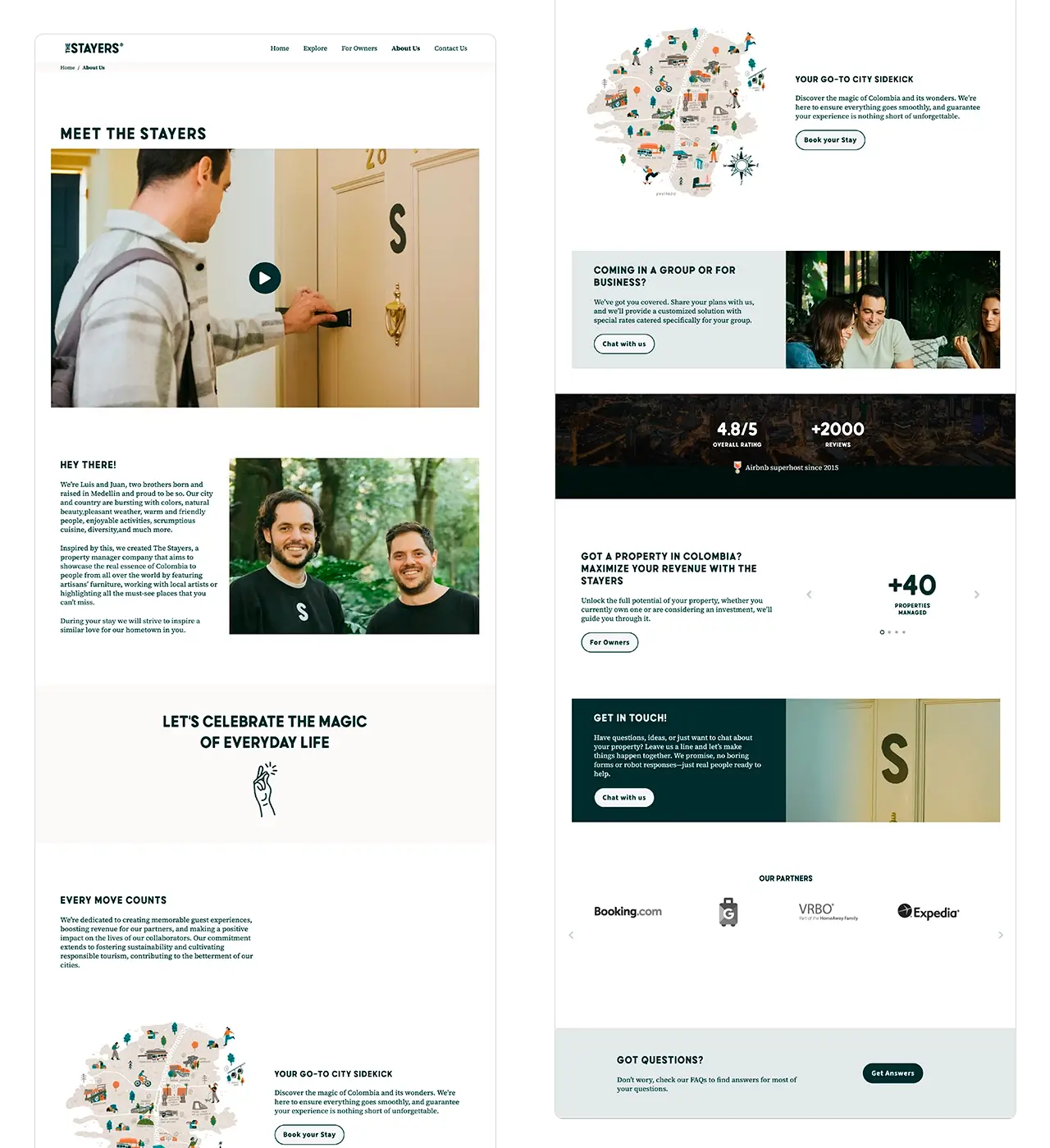 The Stayers: versión desktop de la página acerca de nosotros “About Us” (cifras, video y ranking Airbnb).