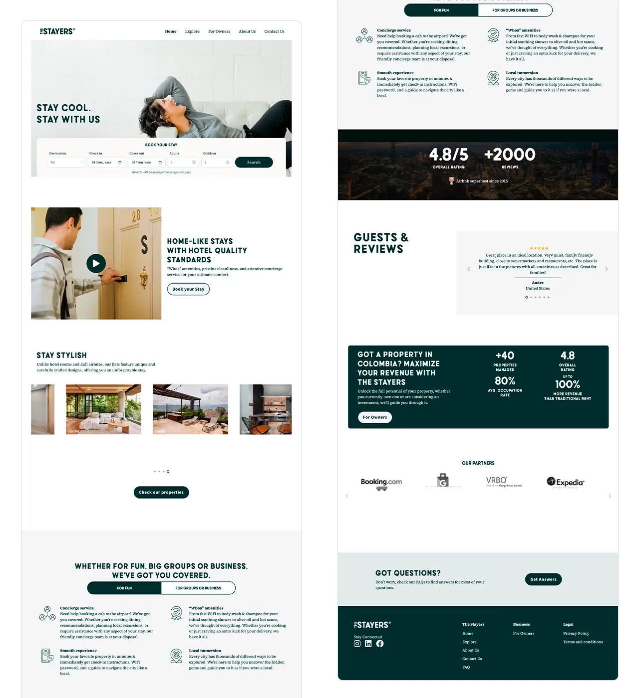 The Stayers: página de inicio (Home) con buscador, ofertas de hospedaje y contenido segmentado.