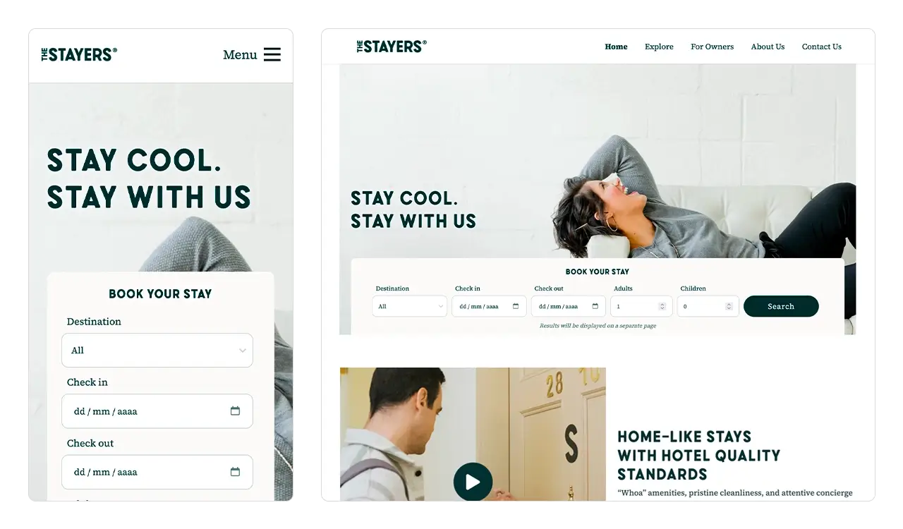 The Stayers: comparación de la página de inicio (Home) en versión escritorio y móvil.