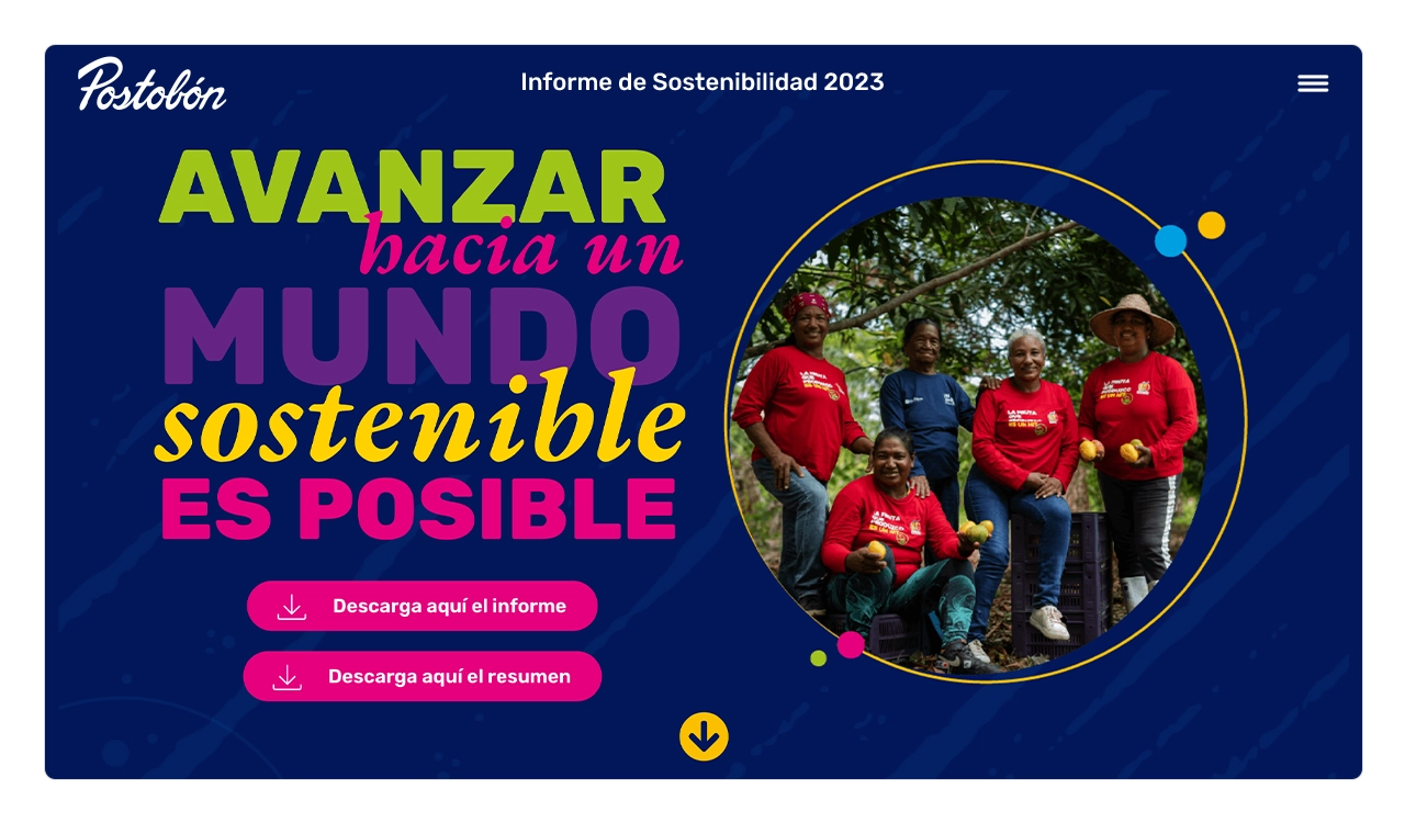 Portada del Informe de Sostenibilidad Postobón 2023 en formato One Page full screen.