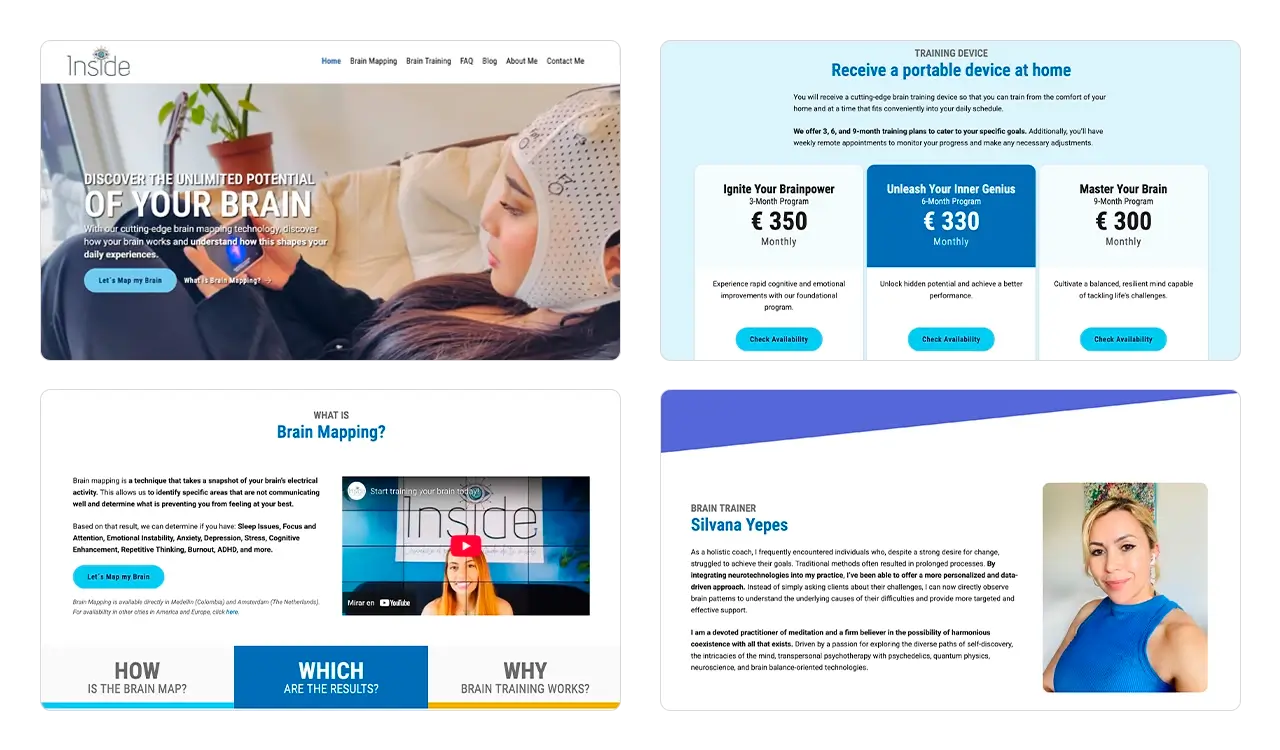 Onepage InsideT: cuatro secciones clave (Brain Training, Brain Mapping, Precios y Perfil del trainer).