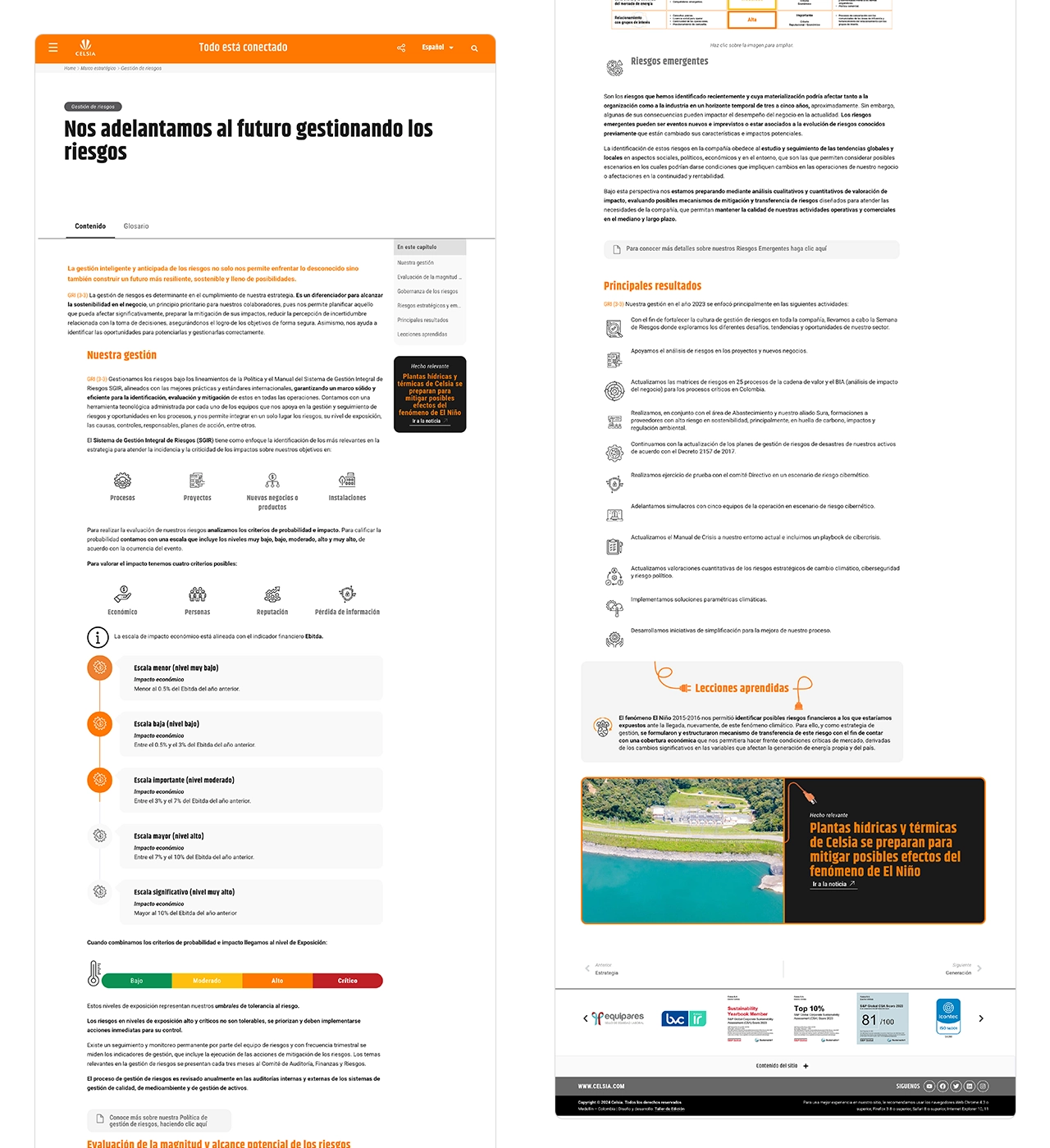 Reporte Celsia 2023: página de Gestión de Riesgos con navegación lateral, tabs y contenido interactivo.