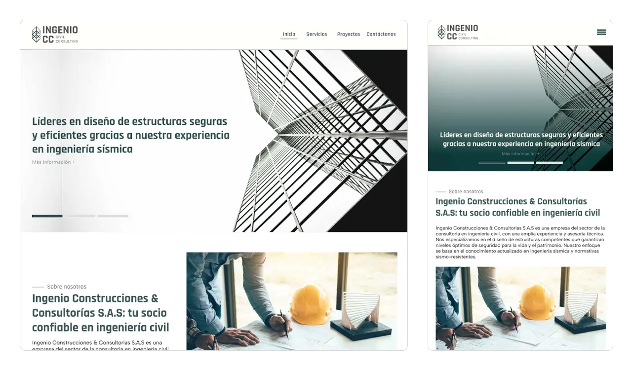 Página de inicio Ingenio CC: comparación del diseño desktop y móvil (responsive).