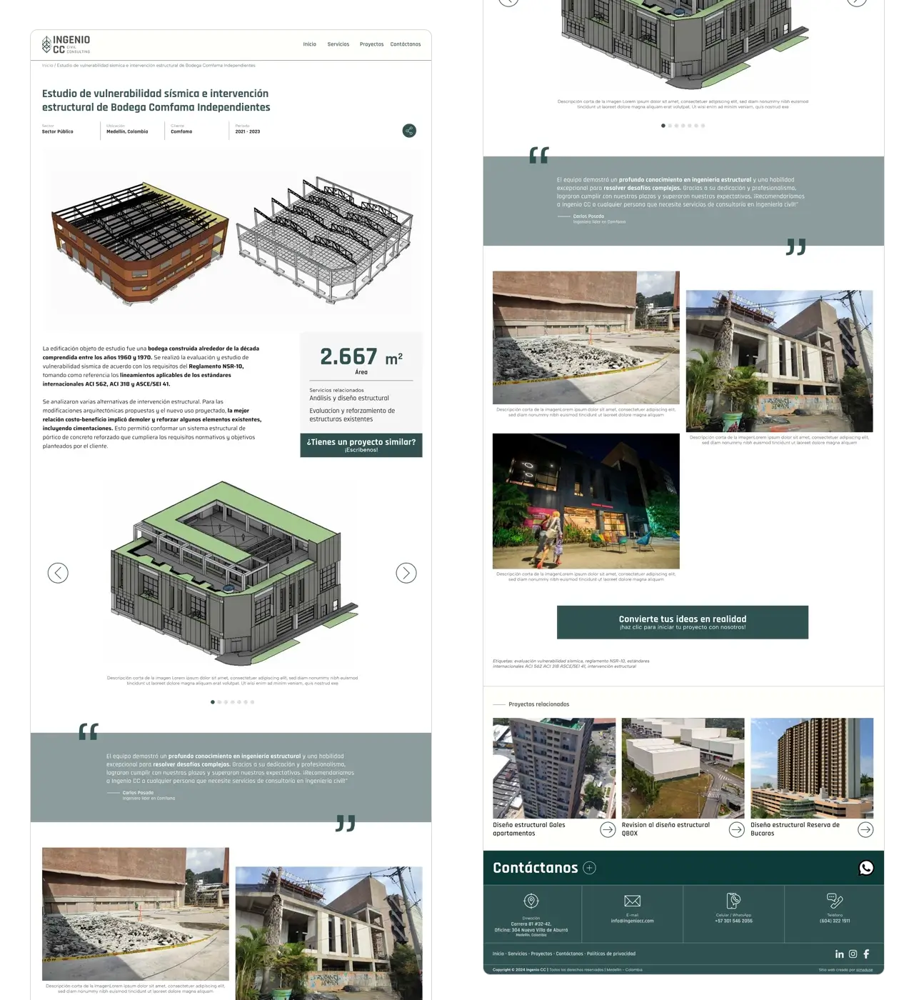 Página interna Ingenio CC: detalle del proyecto Bodega Comfama (renders, testimonios y descripción).