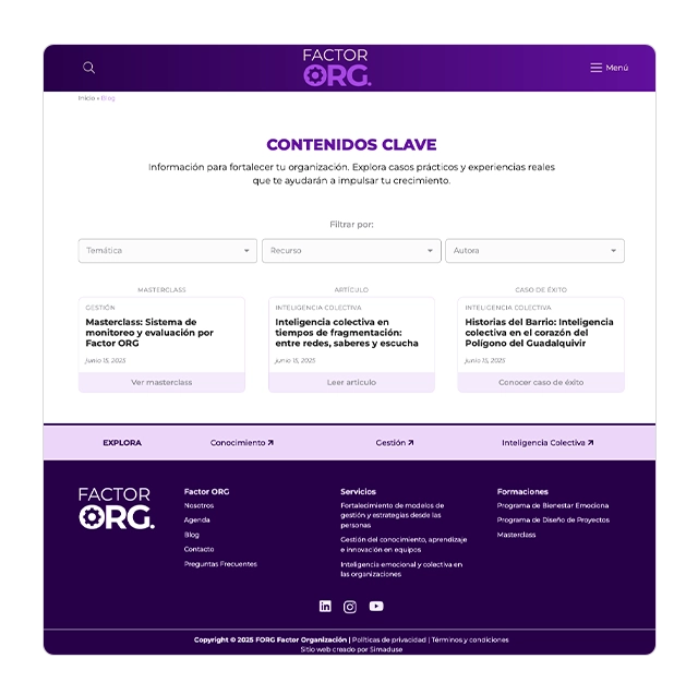 Blog Factor ORG: página de contenidos clave con filtros por temática y autora.