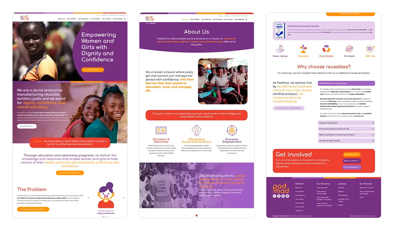 Sitio web Padmad: comparación de Home, Acerca de y detalle de página de productos con footer.