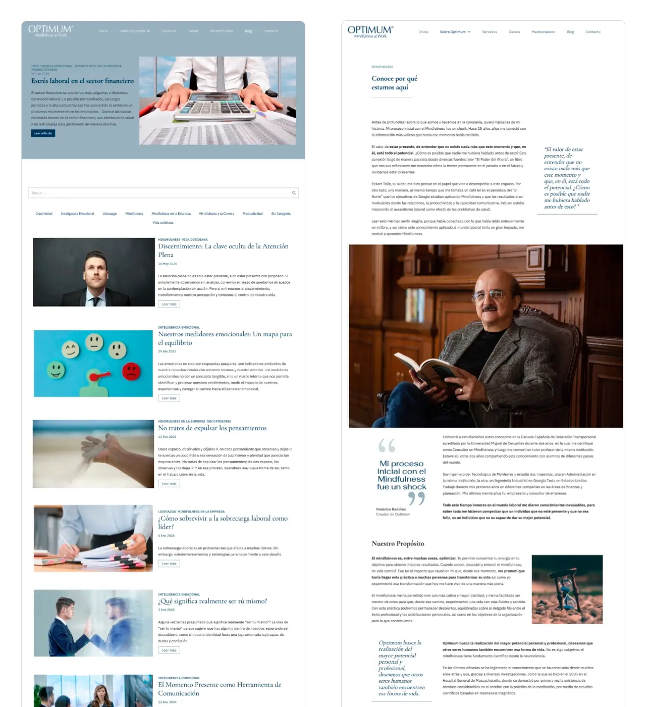 Sitio web Optimum: páginas de listado de artículos y página personal del fundador.